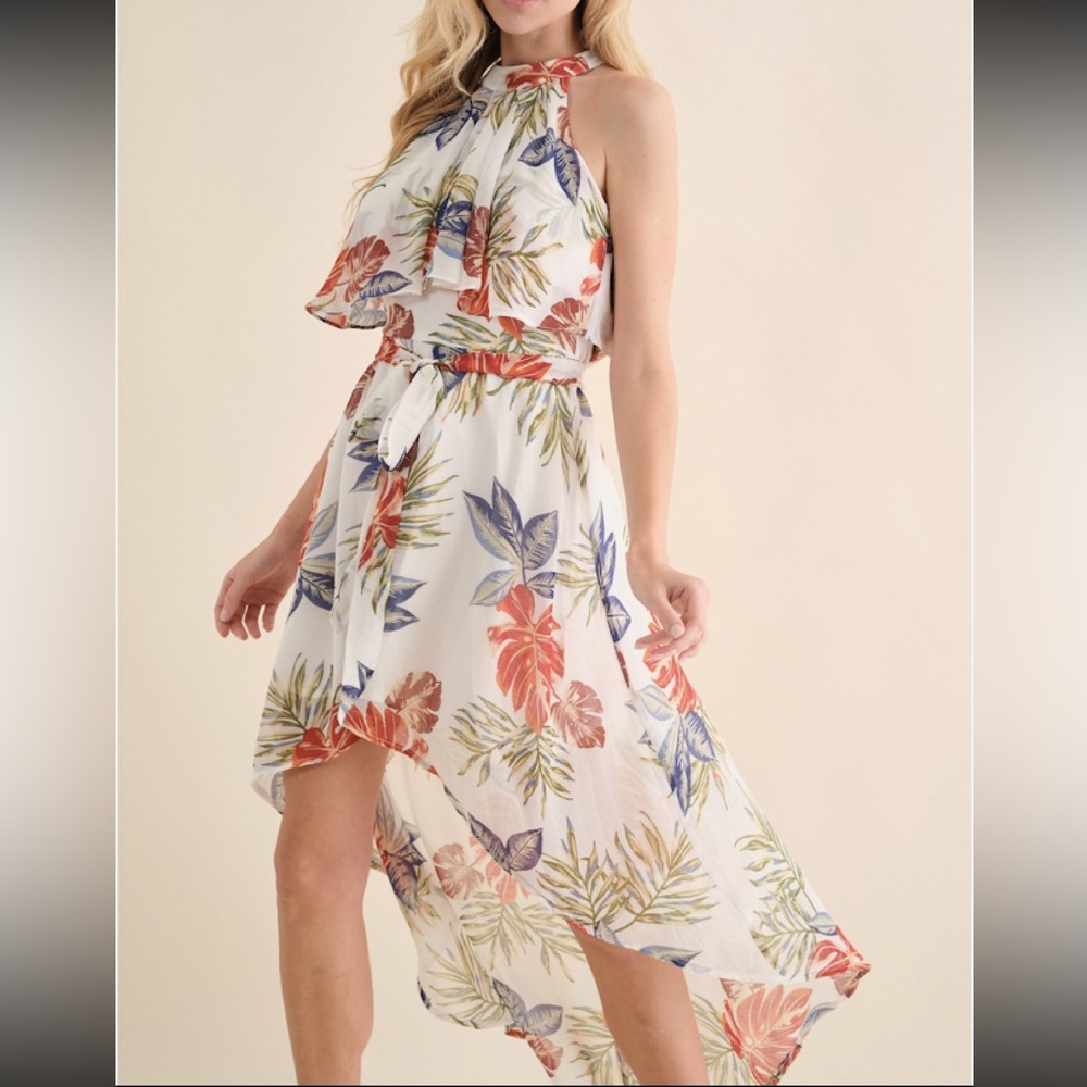 Floral Halter Midi Dress in White with Coral Blooms